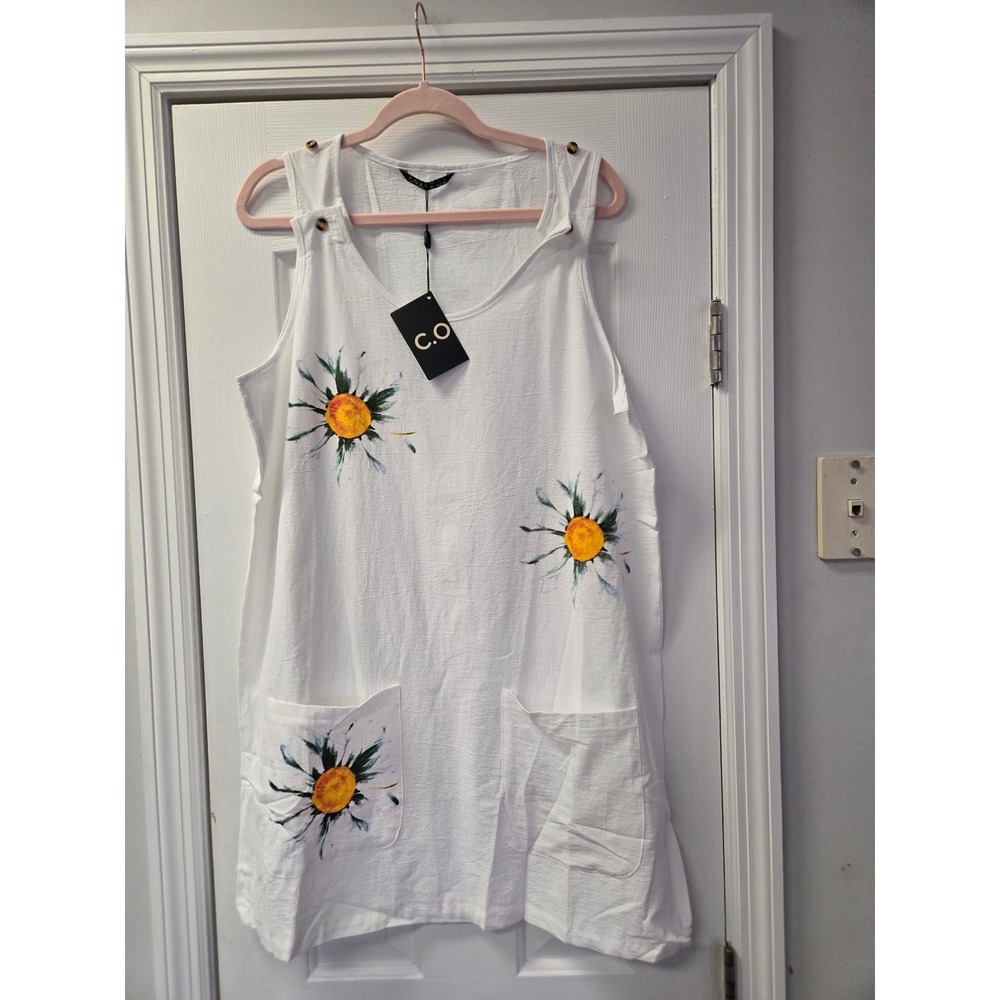 COZY White Cotton Daisy Floral Sleeveless Shift Dress Pockets XL 10 NEW Coastal